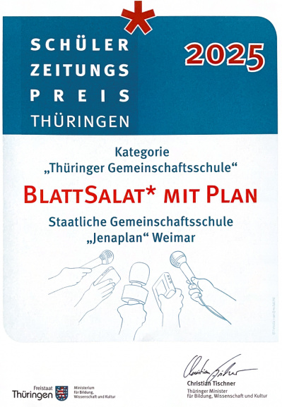 Urkunde Blattsalat 2025 (Thüringer Ministerium für Bildung, Wissenschaft und Kultur)