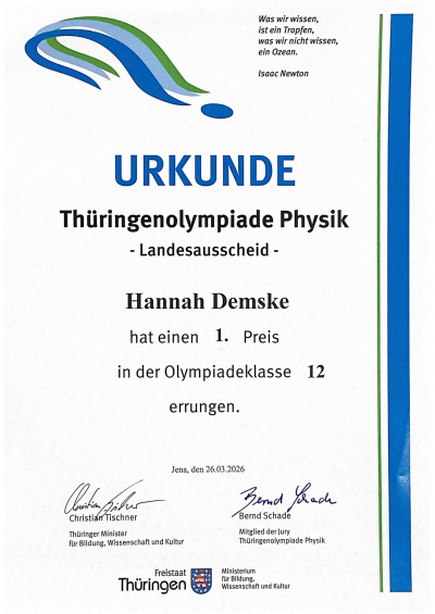 Urkunde 1. Preis Thüringer Physikolympiade SJ 25-26 (Gesine Herrmann)