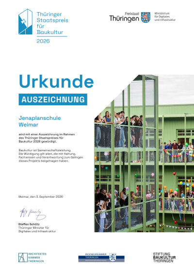 Urkunde Thüringer Staatspreis für Baukultur 2026 (Thüringer Ministerium für Digitales und Infrastruktur)